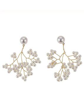 Round Pearl Flower Yellow Gold Drop Earrings